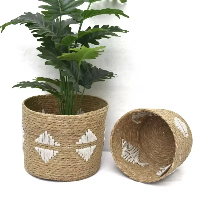 ZONNEST Hight Quality Cheap Natural Round Cattail Grass Woven Craft Basket Handmade Straw Woven Storage Box Basket Set For Home