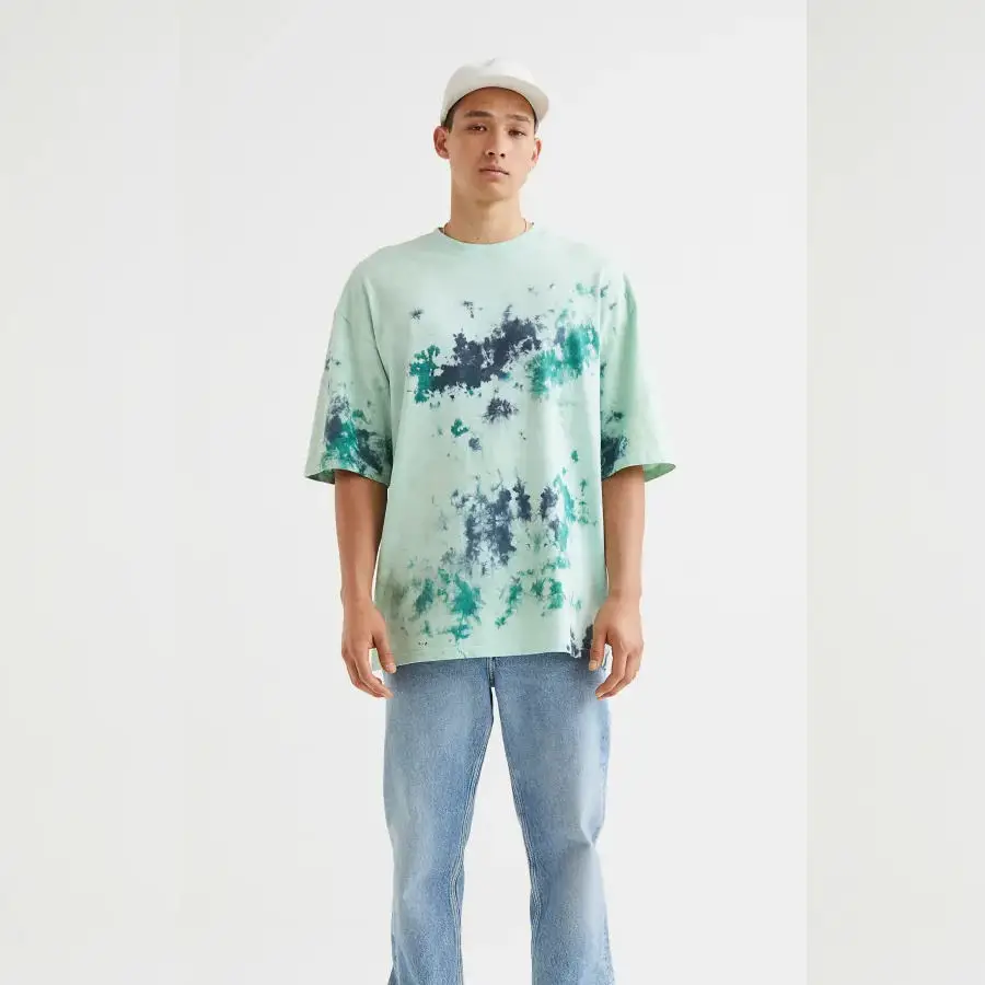 Latest Design Summer Arrival Men Tie And Dye Print Loose Fit Casual Acid Washed Drop Shoulder T Shirt For Sale
