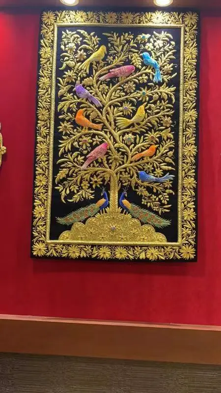 Kashmiri Handicraft Jewel Carpet Wall Hanging with Gold Zardozi