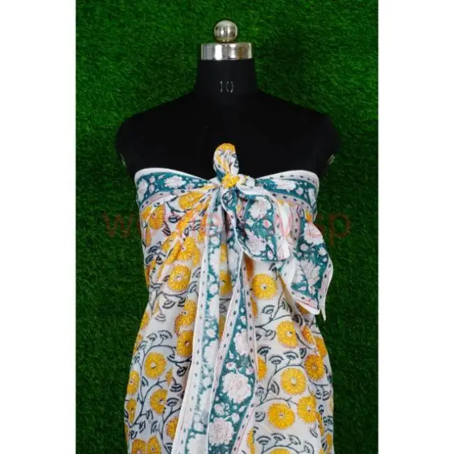 Indian Block Printed Scarf Cotton Pareo Turquoise Scarves Wholesale Woman Fashion Big Size Stole Handmade Beach Wear Sarong