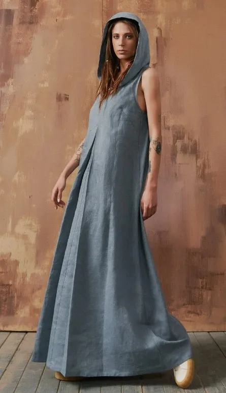 New Arrivals women long 100% linen floor length sleeveless linen long hoodie maxi with pocket linen dress