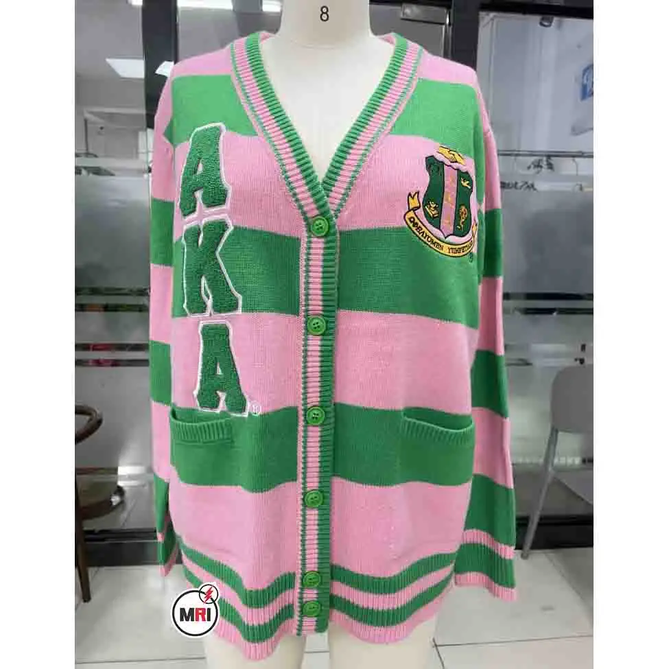 Breathable customized AKA women sweater soror pink and green solid colors cardigan sustainable knitwear