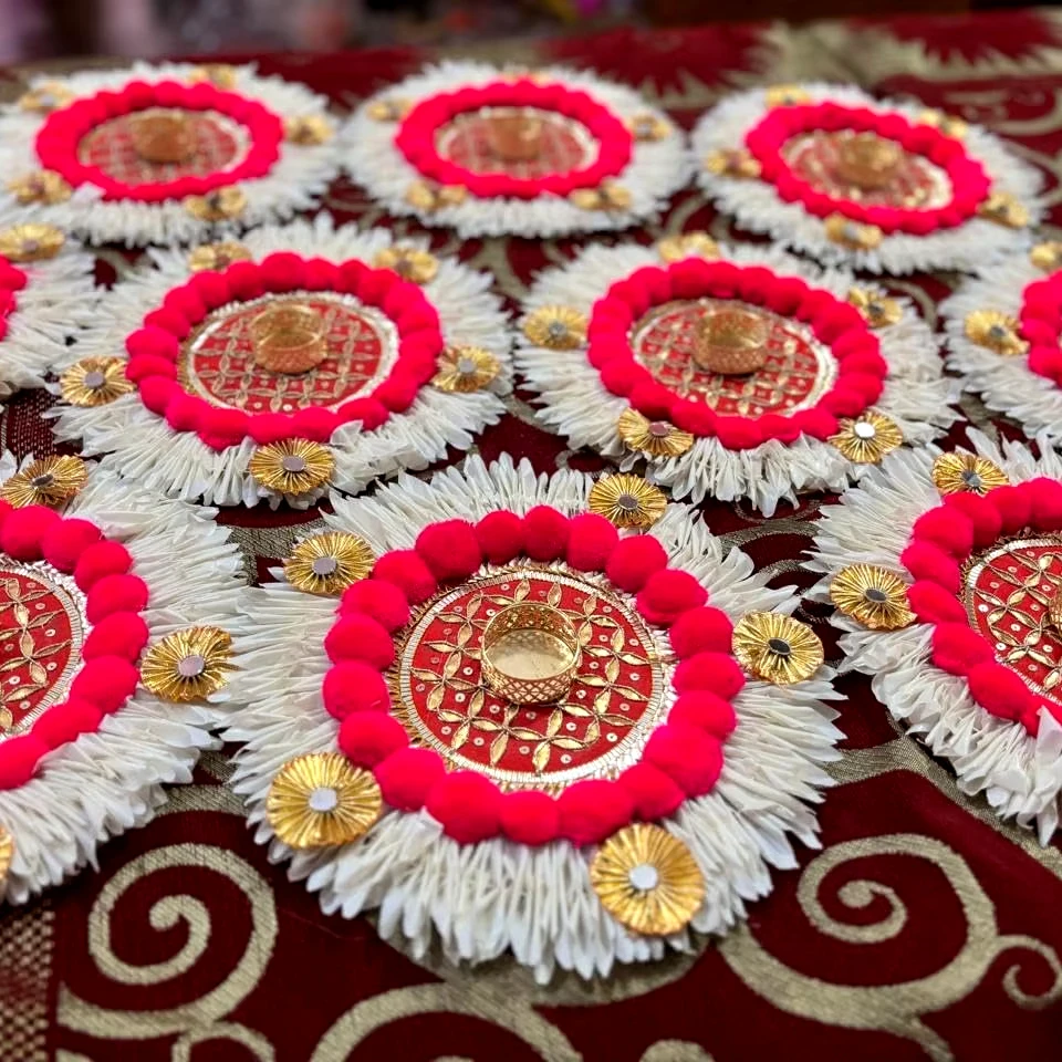 Rangoli T-Light коврики Gajra с помпоном T-Lights не включены Diwali декор для новоселья индийский фестиваль лестницы