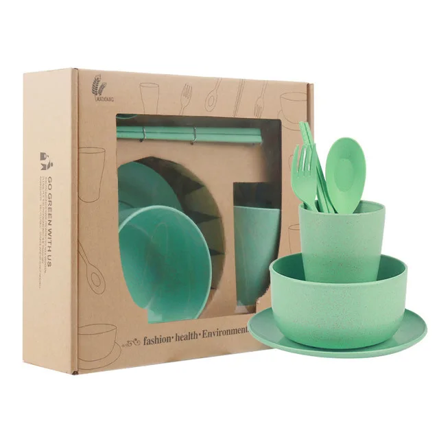 Eco Friendly Reusable Kitchen Knife Fork Spoon Plate Cup And Bowl Tableware Set Camping Wheat Straw Dinnerware Set