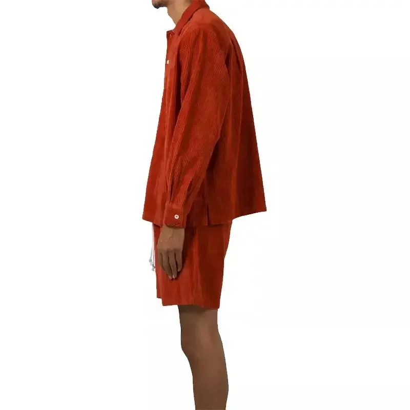 Color Block 2 Piece Set Short Sleeve Collar Shirts Shorts For Men Summer Outfit 100% Cotton Corduroy Men Shorts Set