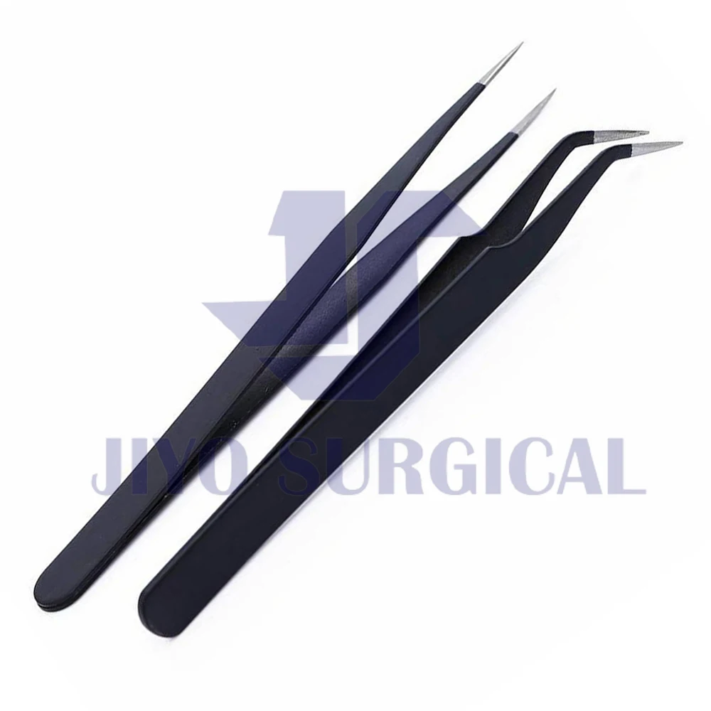 Black With Silver Point Eyelash Extension Tweezers Fiber Tip Customize Tweezers Stainless Steel Lash Tweezers Own Logo Accept