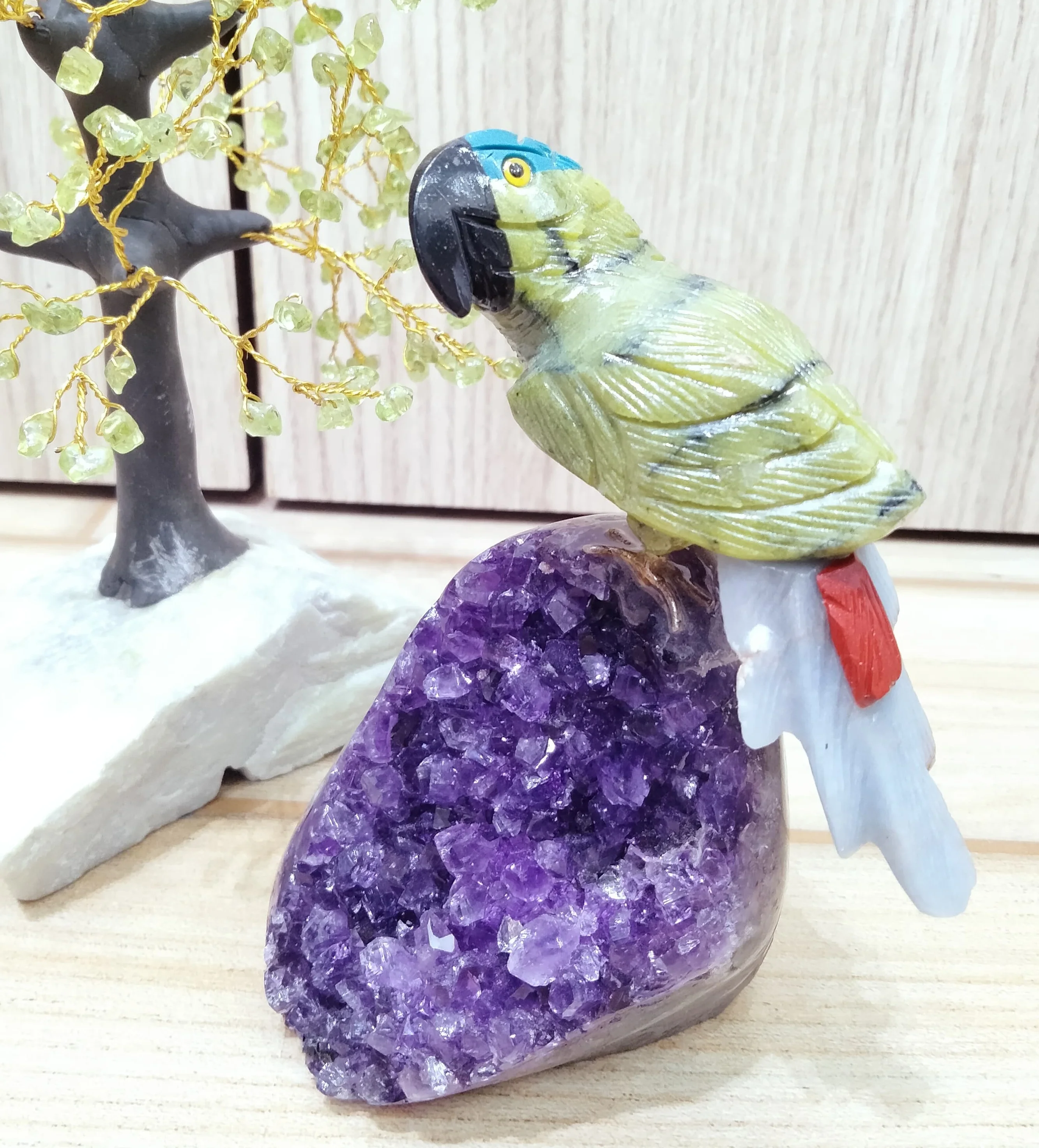Wholesale Natural Angelite Carved Cockatiel Bird Masterpiece Beautiful Crystal Mascot on Small Amethyst Geode for Decoration