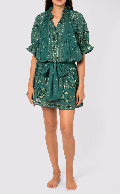 Perfect Party Women Bottle Green Mosaic Print Mirror Detail Embroidered Blouson Romantic Ladies Dress For Social Butterflies