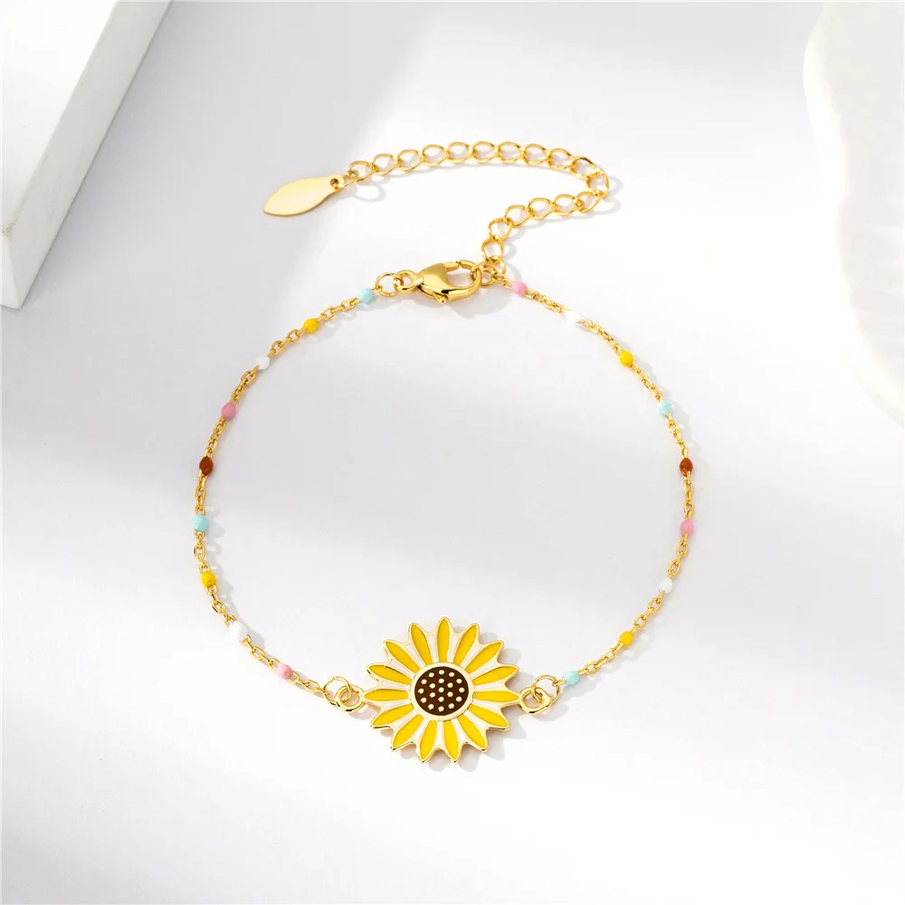S925 sterling silver bracelet 18K gold plated sunflower sunflower enamel epoxy bracelet personalized and fashionable