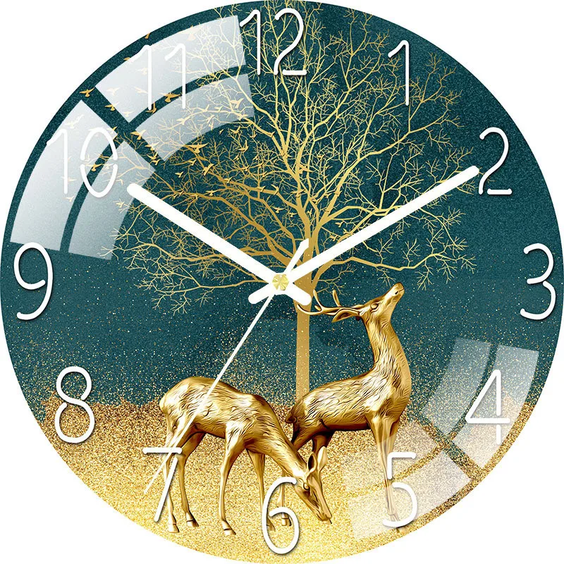 Gold Elk Clocks Wall Clock Living Room NordicHousehold Fashion Glass Punch-free Light Luxury Silent Watch Simple Mute Quartz