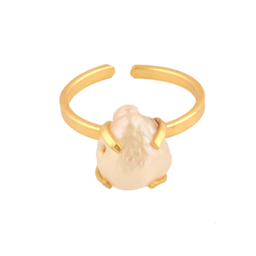 Woman minimalist cute dainty freshwater pearl gold plated adjustable ring custom made pearl prong setting ring for weeding gift