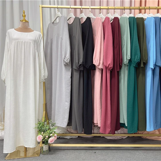 2023 Latest Design Dubai Abaya Solid Modest Dress Ramadan Eid Mubarak Kaftan Dubai Abaya Balloon Long Sleeve Maxi Dress