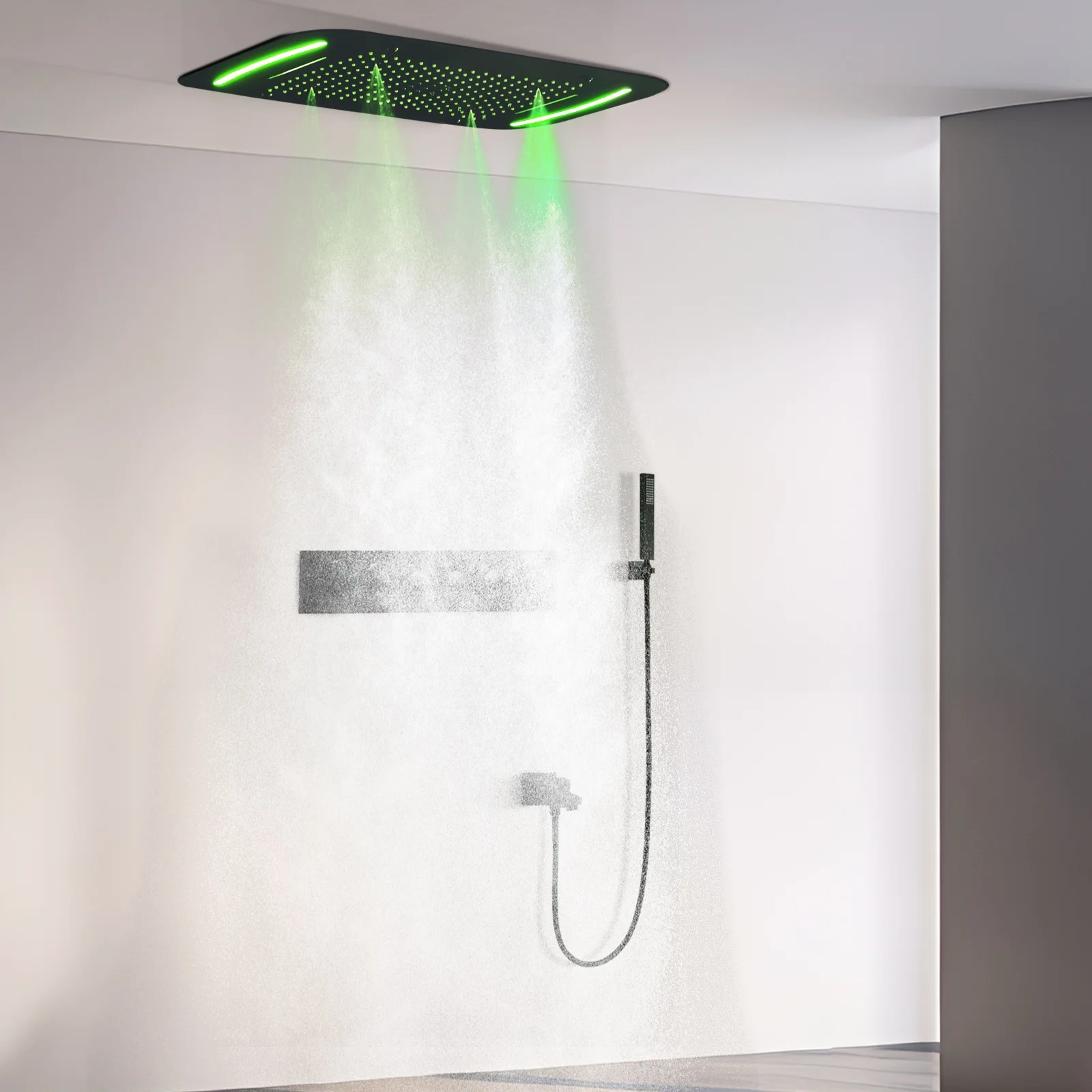 Matte Black 710*430 MM Ceiling Concealed Mounted Waterfall Rainfall Mist Water Column LED Shower Set Thermostatic Shower Faucets