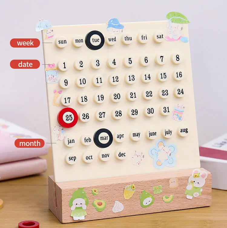 2025 Creative Desk Decoration Ring Acrylic Perpetual Calendar Diy Ring Wood Calendar For Gift