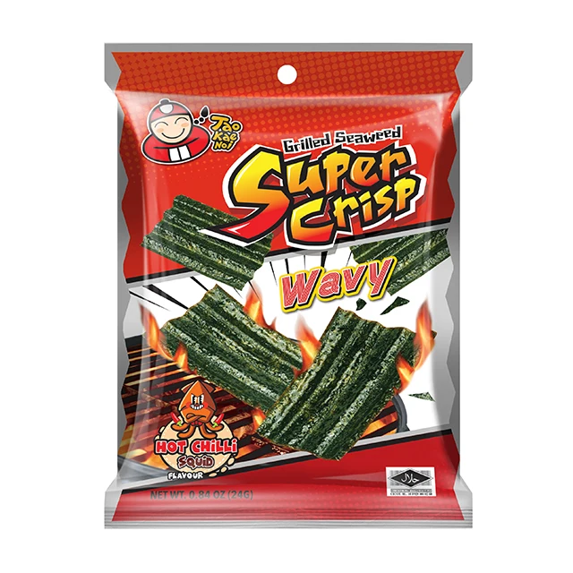 Ready to Eat High Quality Tao Kae Noi Grilled Seaweed Super Crisp Wavy Hot & Chili Squid Flavor 24g Snack Product of Thailand