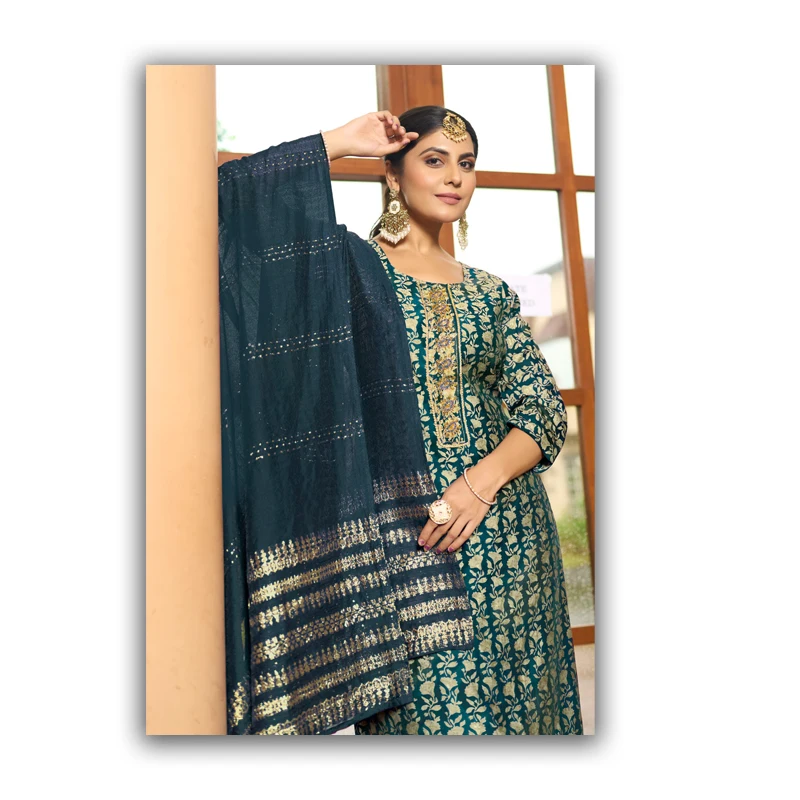 Trending indian Dresses Silk Straight Cut 3 pcs long party wear Kurta Set with loose pant and designer golden stripe dupatta