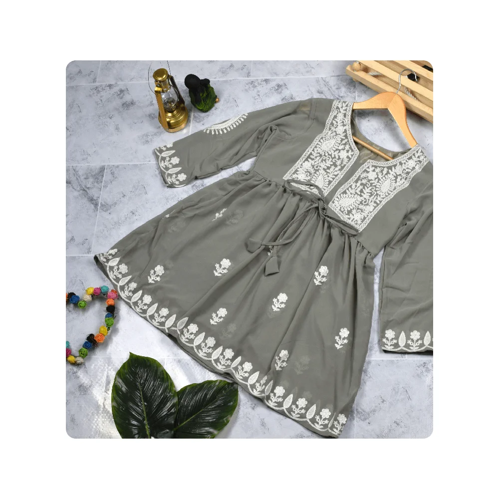 Latest Fashionable Indian Ethnic Wear Full Sleeve Gown With Dupatta Set in Chikan Work Designer Kurti for Sale