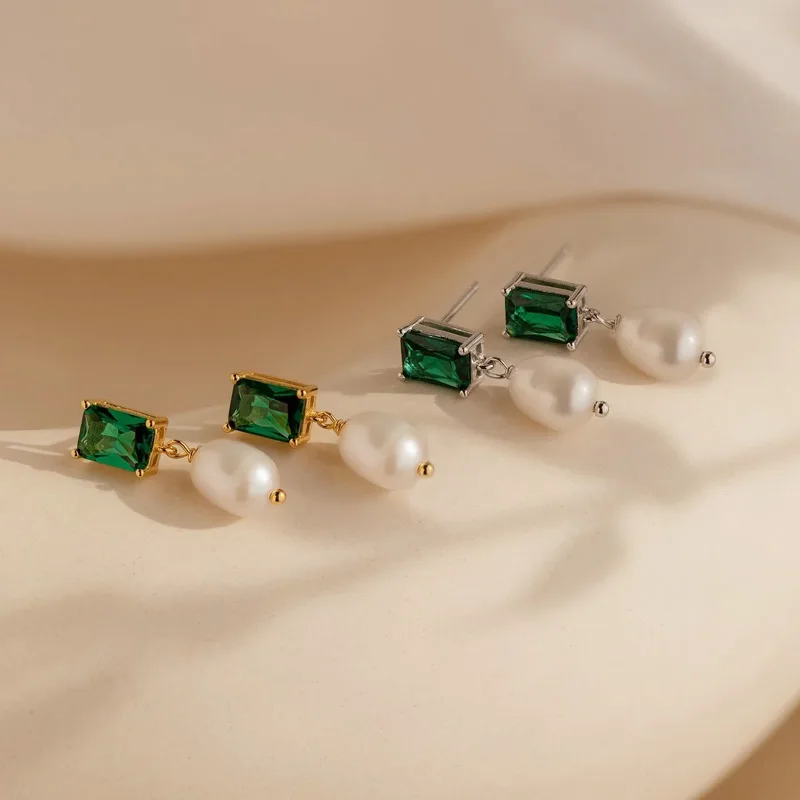 Vintage Elegant 925 Sterling Silver 18k Gold Plated CZ Emerald Baroque Pearl Drop Stud Earrings for Women Girls Fashion Jewelry
