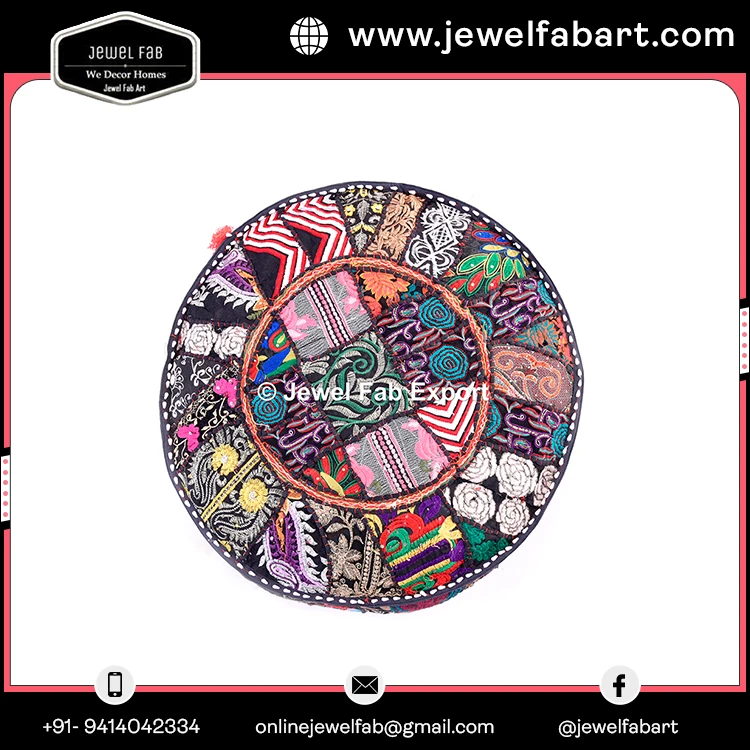 Home Decor Cotton Floral Patchwork Embroidered Ottoman Pouf Cover Blue Foot Stool Furniture Pouffes handmade premium