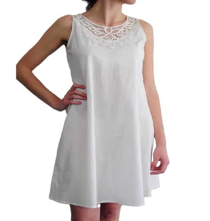 Sleeveless white lace neckline short cotton dress for girls Casual white knee length dress 100% Cotton Sleeveless pnmkjsdj