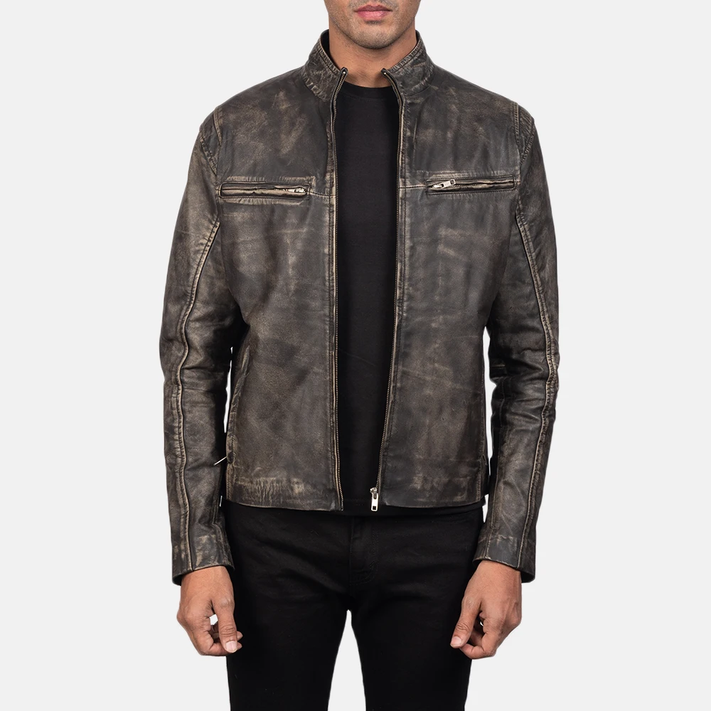 Real Leather Sheepskin Aniline Zipper Iconic Distressed Brown Men Biker Jacket Quilted Viscose Lining and Inside Outside Pocket