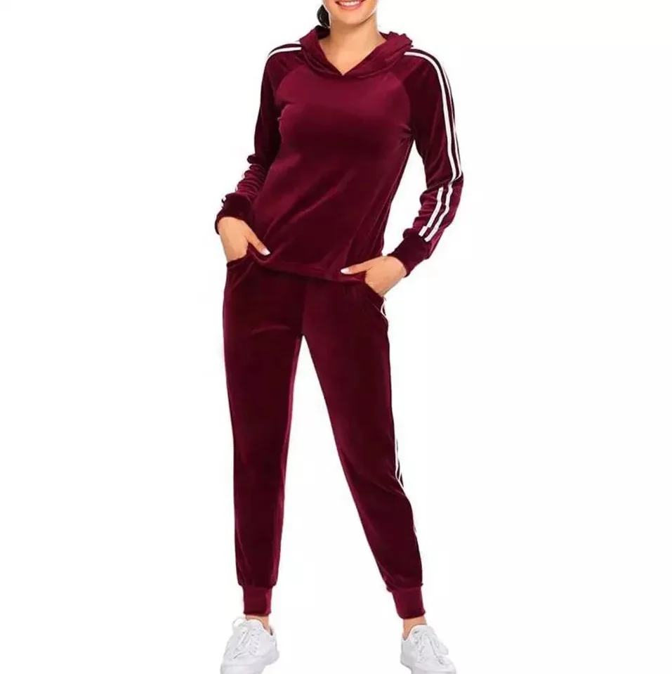 2022 Spring Wholesale velour Thickened Cropped Hooded Women 2 Piece Sweat suit Set Tracksuit Custom velvet sweat suit for ladies