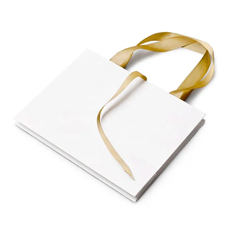 Luxury Small White Jewelry Gift Bag with Ribbon Handle Personalized Design Shopping Clothing Paper Bag for Cosmetics Packaging