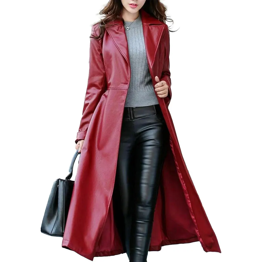 women red leather trench coat one button closure long coat single breasted leather coat stylish celebrity long overcoat