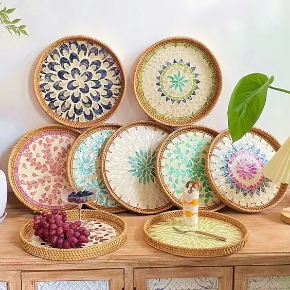New Item 13 inch Rattan Ceramic Tray Customized Ceramic Wholesale Decorative Tray Mother of Pearl Food Storage Tray from Vietnam