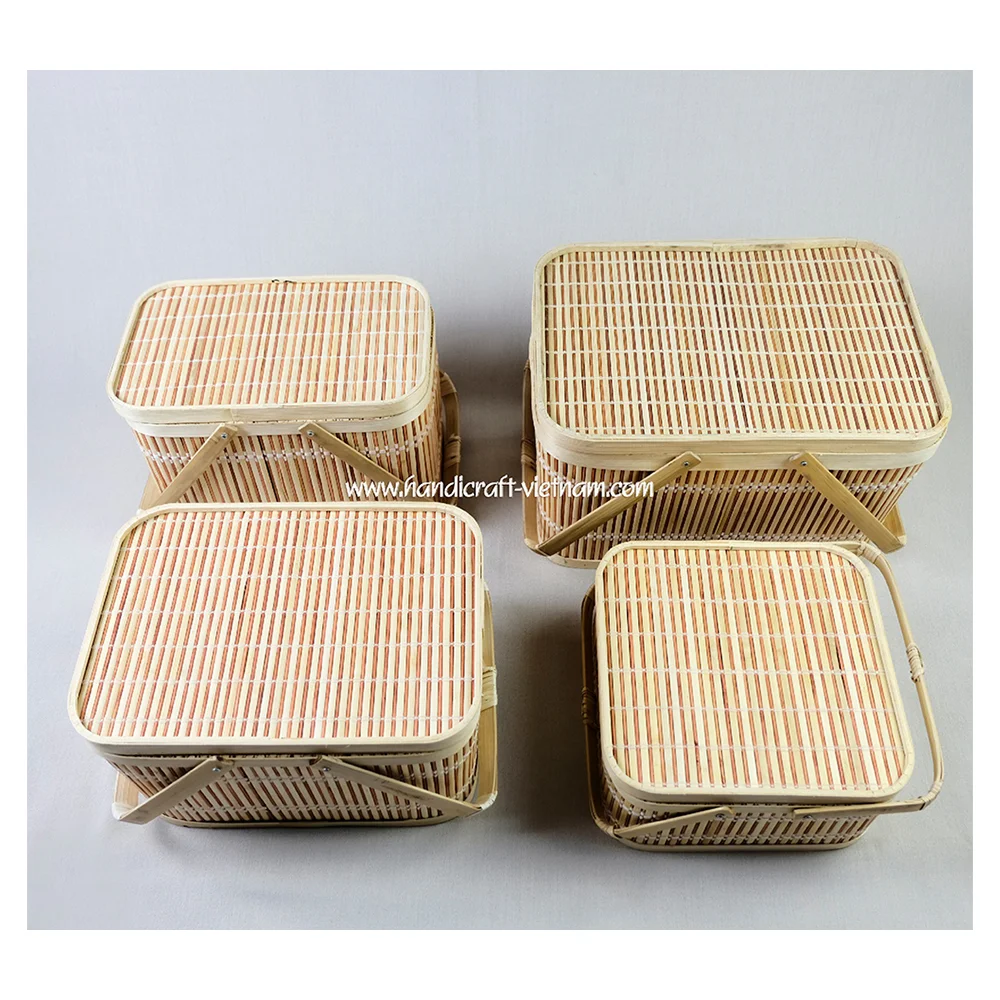 Woven Storage Basket Weaving Bamboo Box Picnic Baskets Set with Double Handles Made In Vietnam