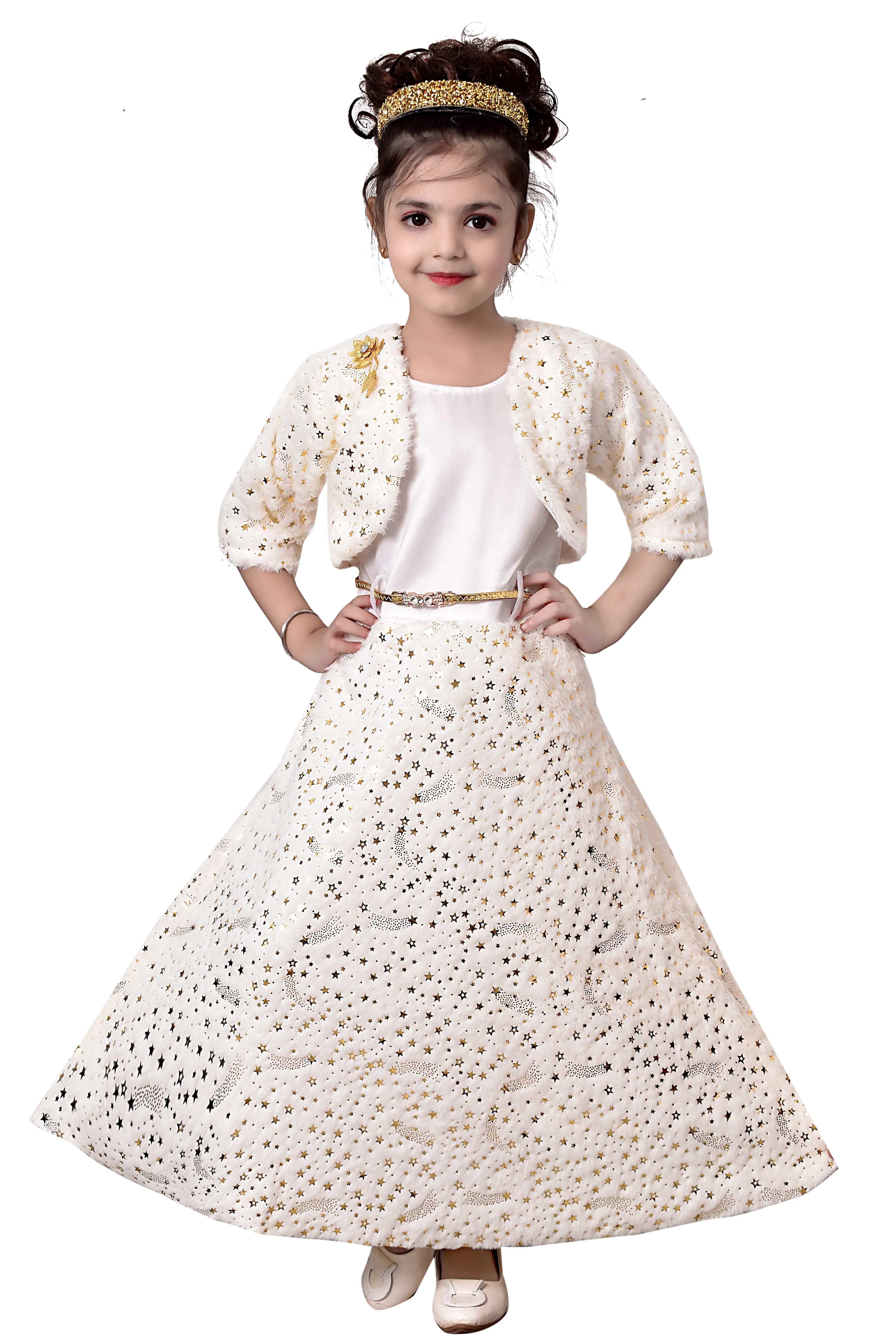 Latest Design Stylish Look Detachable Jacket  Fur Gown Dress For Girls Dress 3-10Years Best Quality In Stock Item Made In India