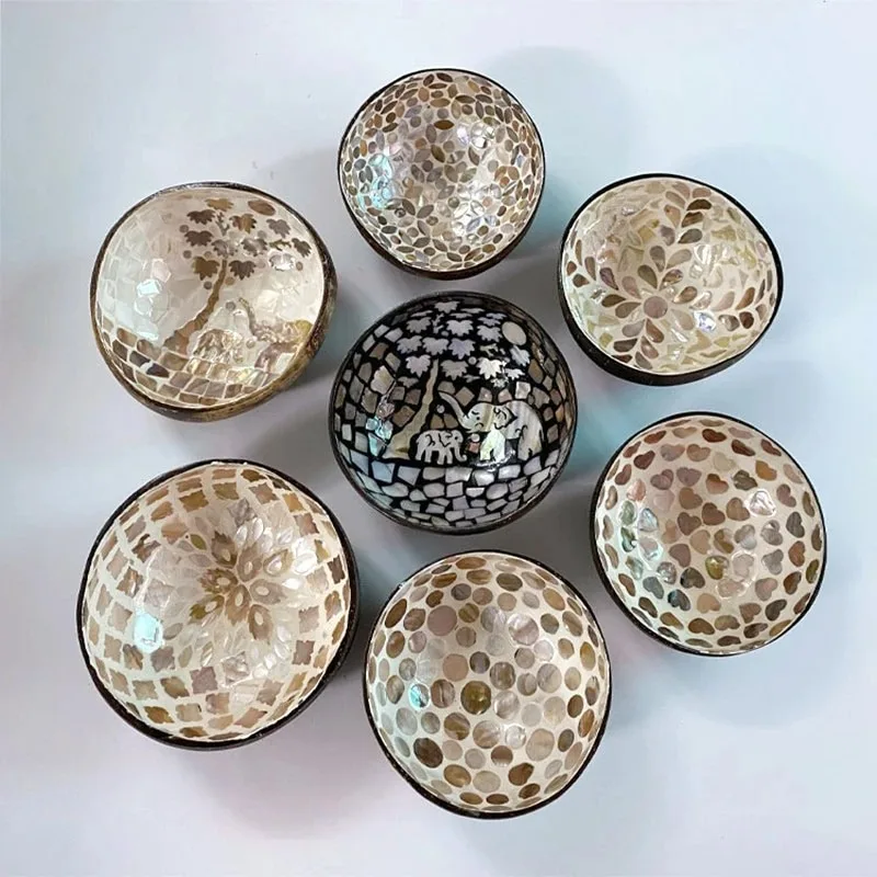 Luxury fancy creative wood and mother of pearl bowls home decorative mosaic lacquered coco shell bowl set
