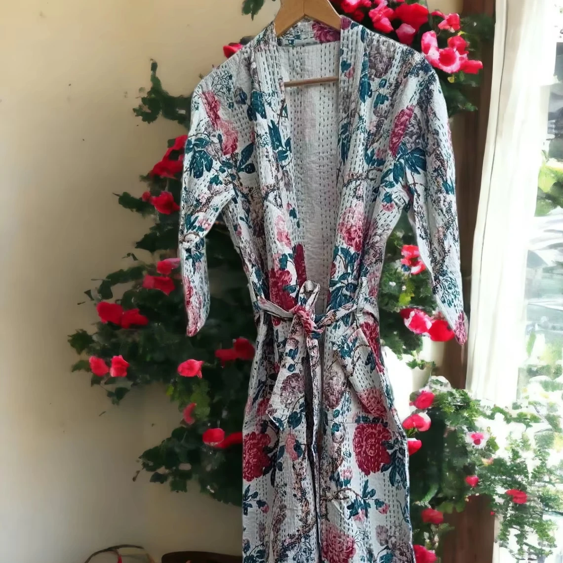 Kantha хлопок Бохо длинное кимоно куртка унисекс халат ручной работы летнее Халат