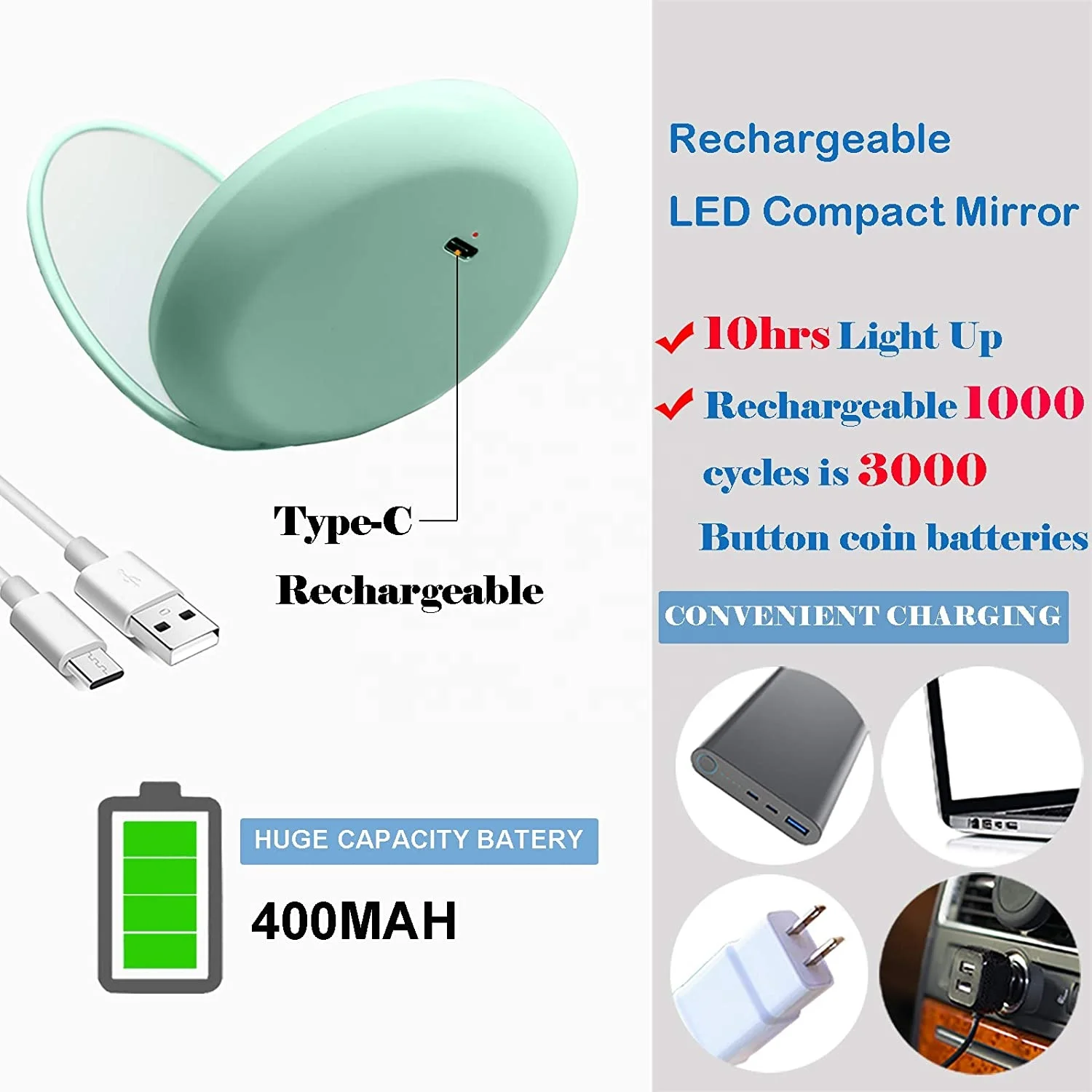 Beauty Outdoor Mini Small Personal Bag Led Makeup Pocket Compact Cosmetic Mirror Folding Hands Portable Travel Silver OEM Box