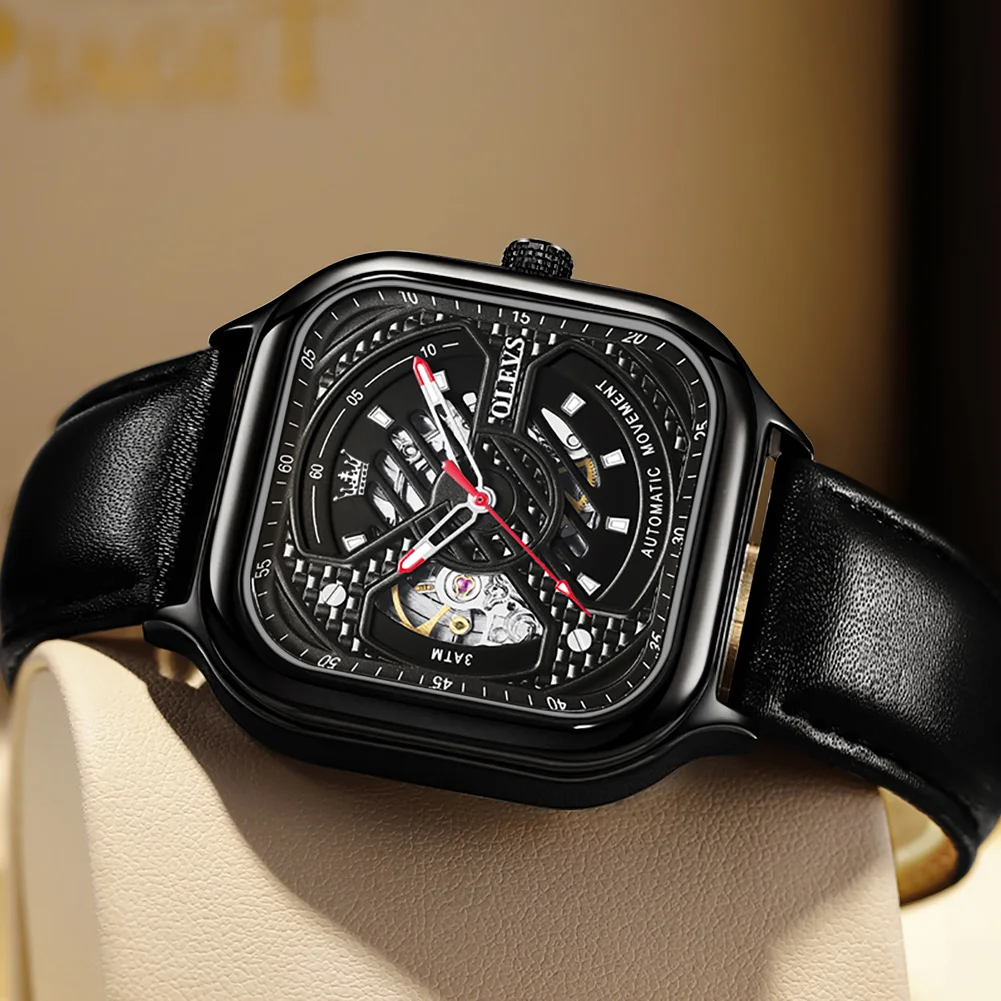 Custom High Quality Skeleton Square Watches Black Leather Watch Strap Automatic Mechanical Men Sports Watches