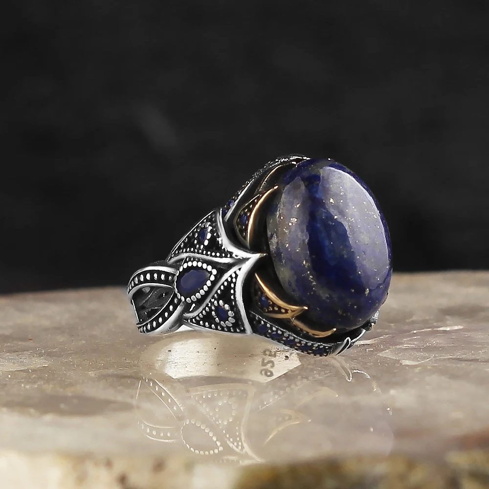 925 Silver Blue Zircon Stone Dazzle Men Ring Turkish Handmade Ring Turkish Wholesales Silver Jewelry