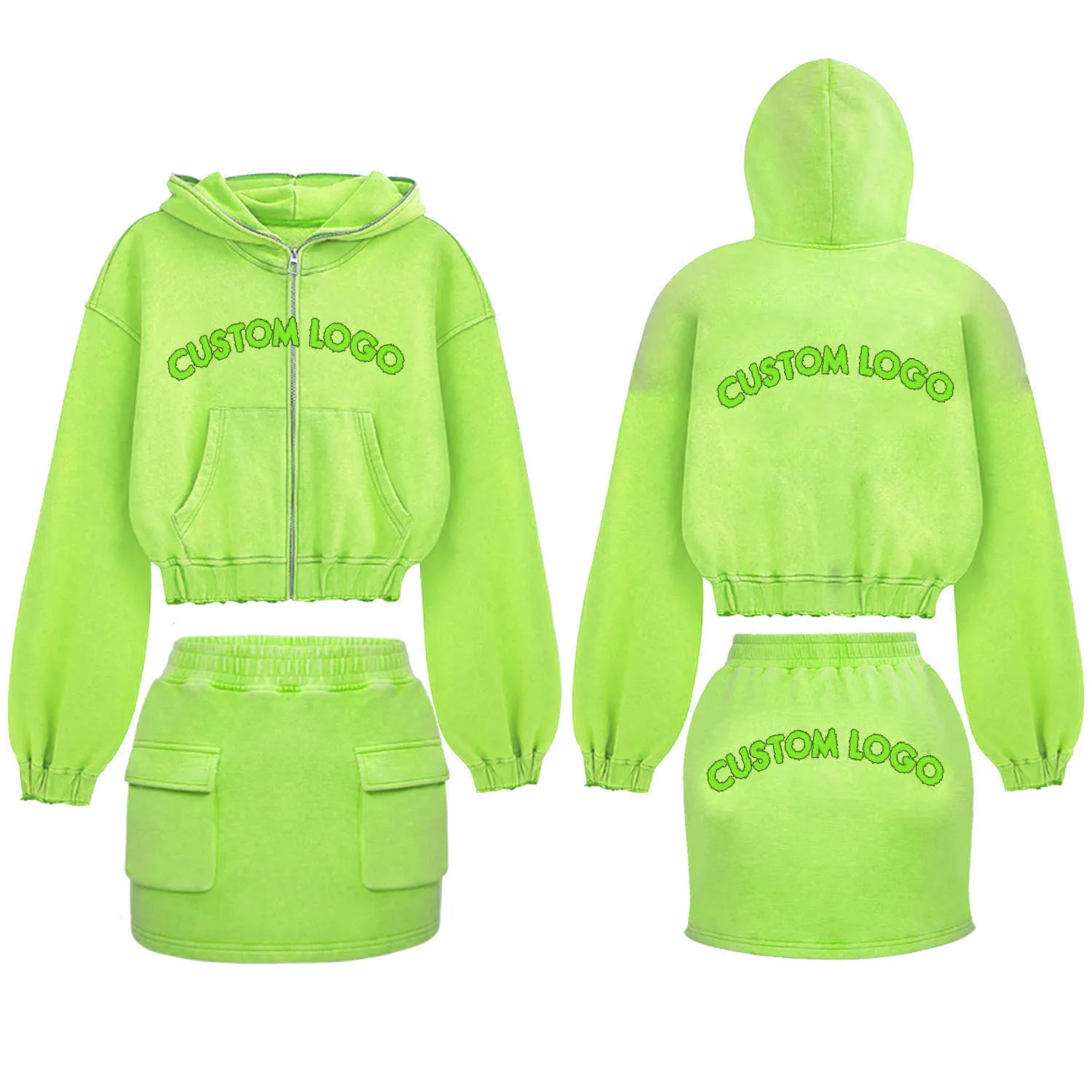 Custom Two Pieces Set Manufacturers Fall 2025 Winter Solid Casual Outfit Ladies Crop Hoodie Skirts Set For Women