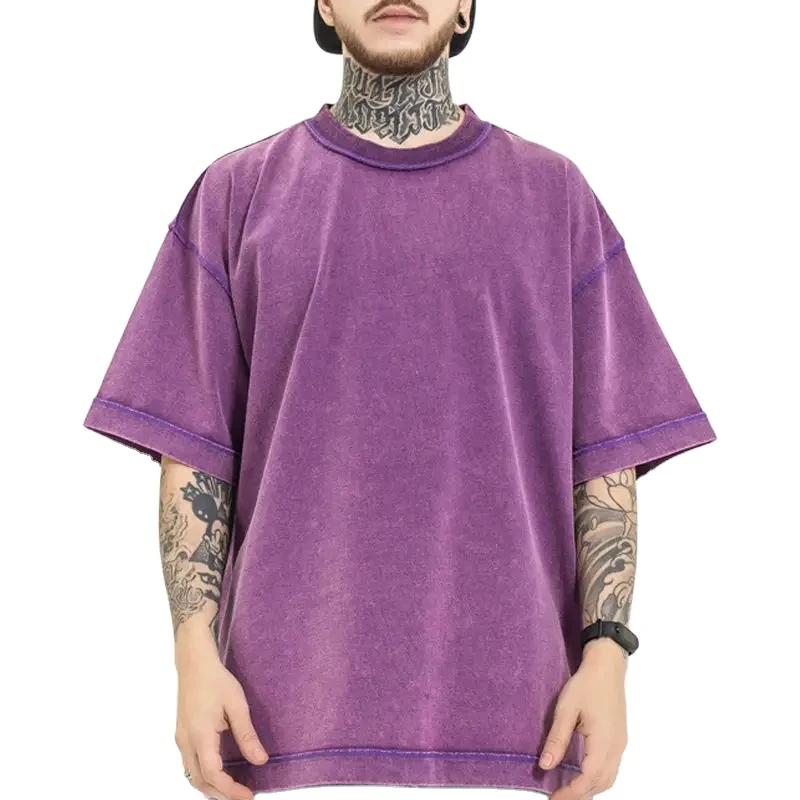 Custom Cut And Sew T Shirt 100% Cotton Graphic Printing Heavyweight Bleach Acid Wash Vintage Plus Size Men Oversized Tshirt