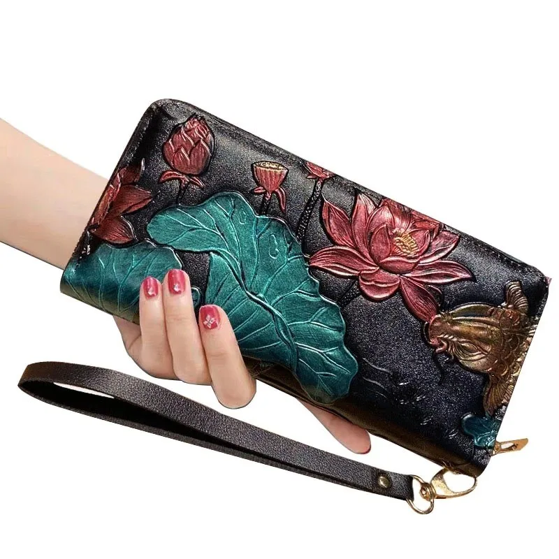 Clutches For Women 3d Flower Clutch Money Bag Coin Pocket Lotus Pattern Wristlet Cards Holder Clip Women Leather Wallet