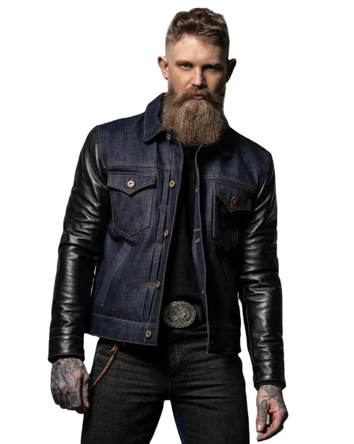 Мужские высококачественные джинсовые боди с рукавами из натуральной кожи Зимняя одежда стильные мужские куртки