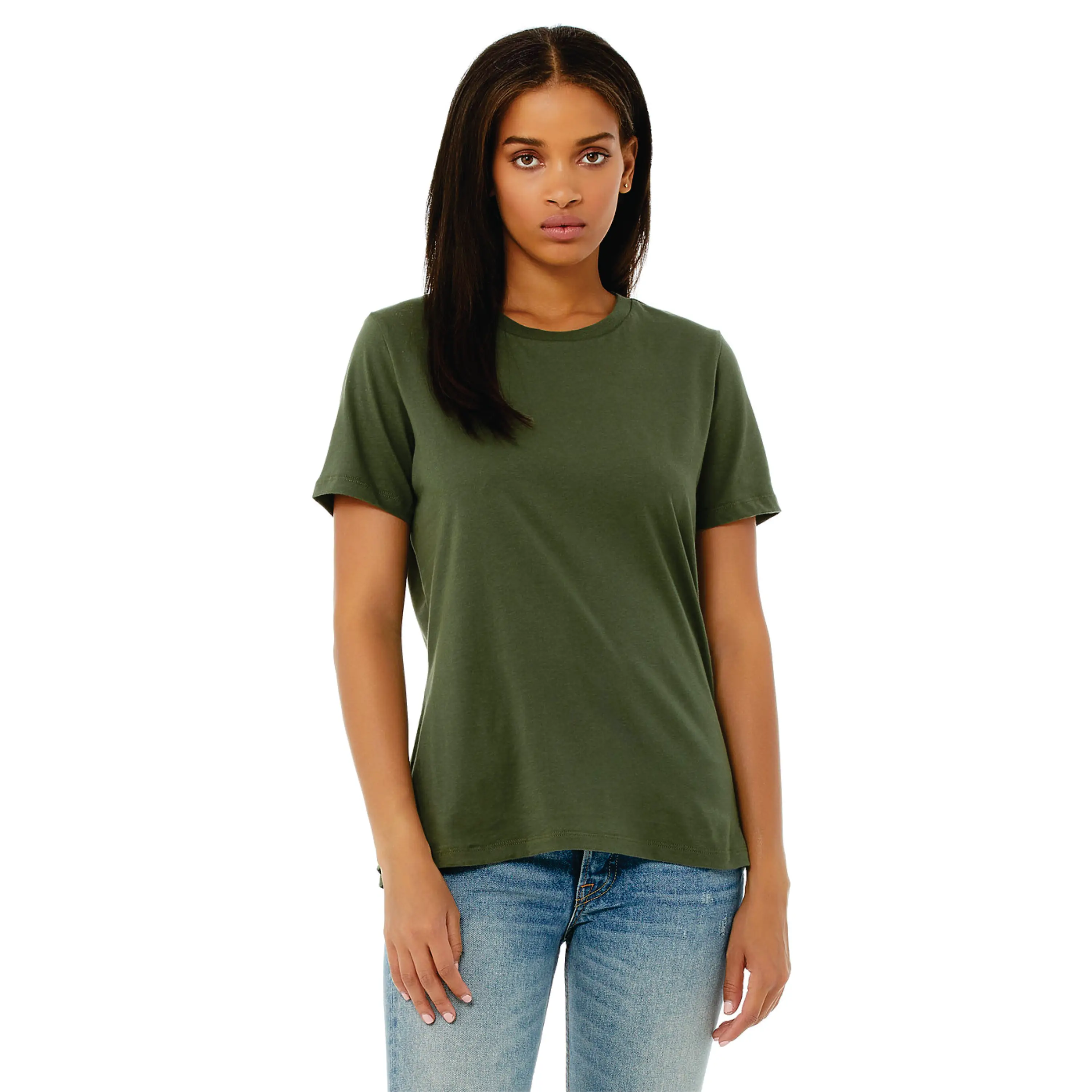 100% Airlume Combed and Ring Spun Cotton 32 Single 4.2 oz Military Green Womens Relaxed Jersey Short Sleeve T-Shirt