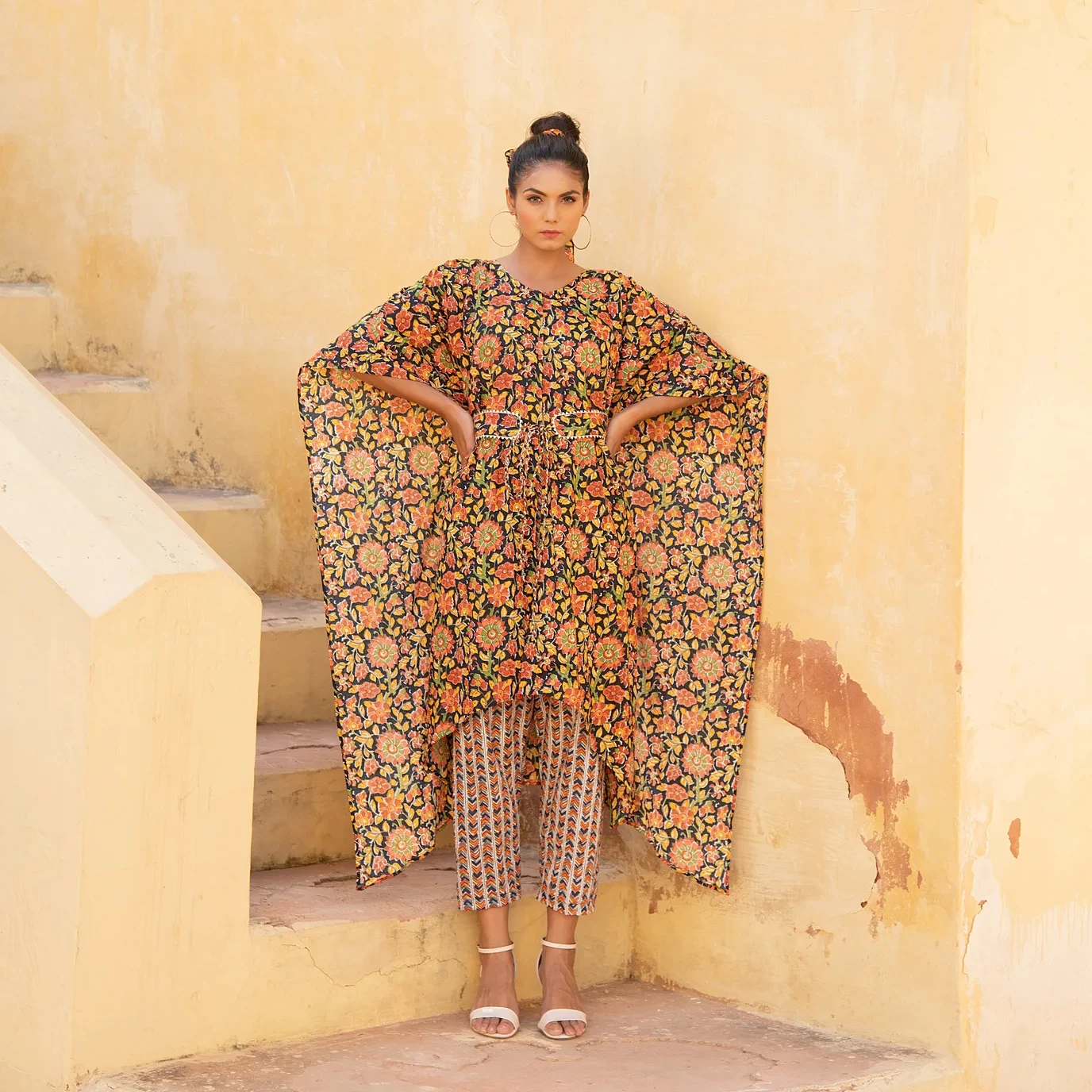 Evening Blue Handblock Floral Print Kaftan kurta with Gota Detailing Belt and Geomtery Print Pant Summer Women Kurta Sets