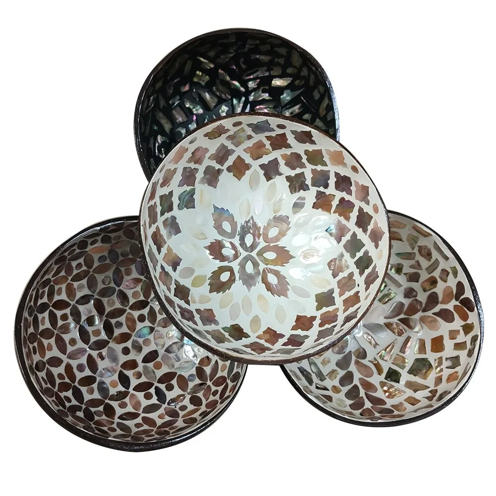 Handmade high quality inlaid mother of pearl coconut bowl decorative inlaid coconut shell bowl