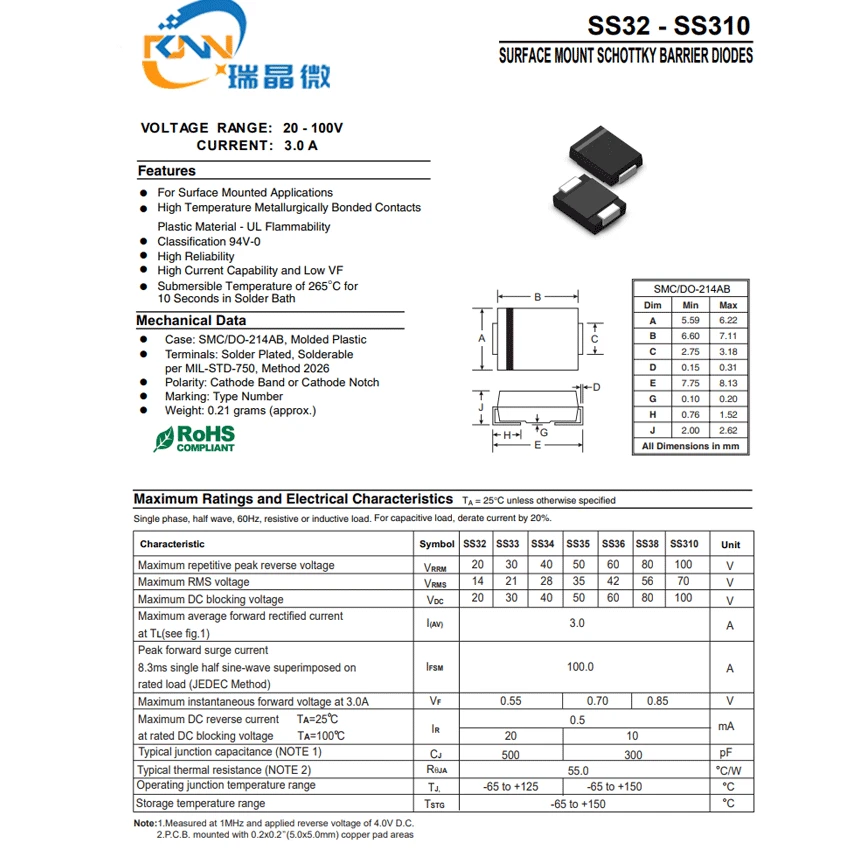 SS310  DO214AC Schottky  Diodes Rectifier 40 45 50 MIL SMD  Diode 100V 3A  Surface Mount  SS24 SS26 SS110 SS210 Diodes