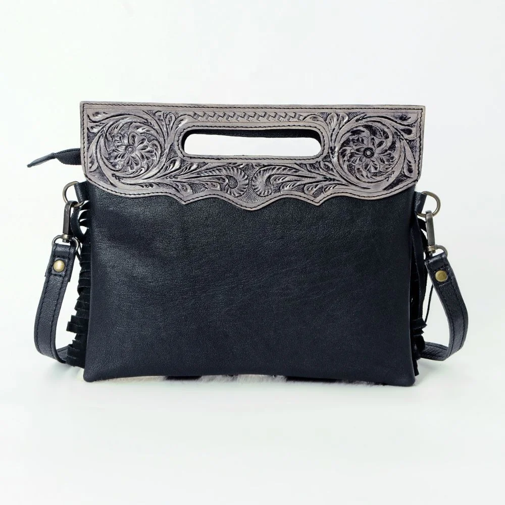 Cow Suede Fringes Women Crossbody Leather Bag with Hand Tooled Cowhide Leather Adjustable Matching Straps and Multiple Pockets