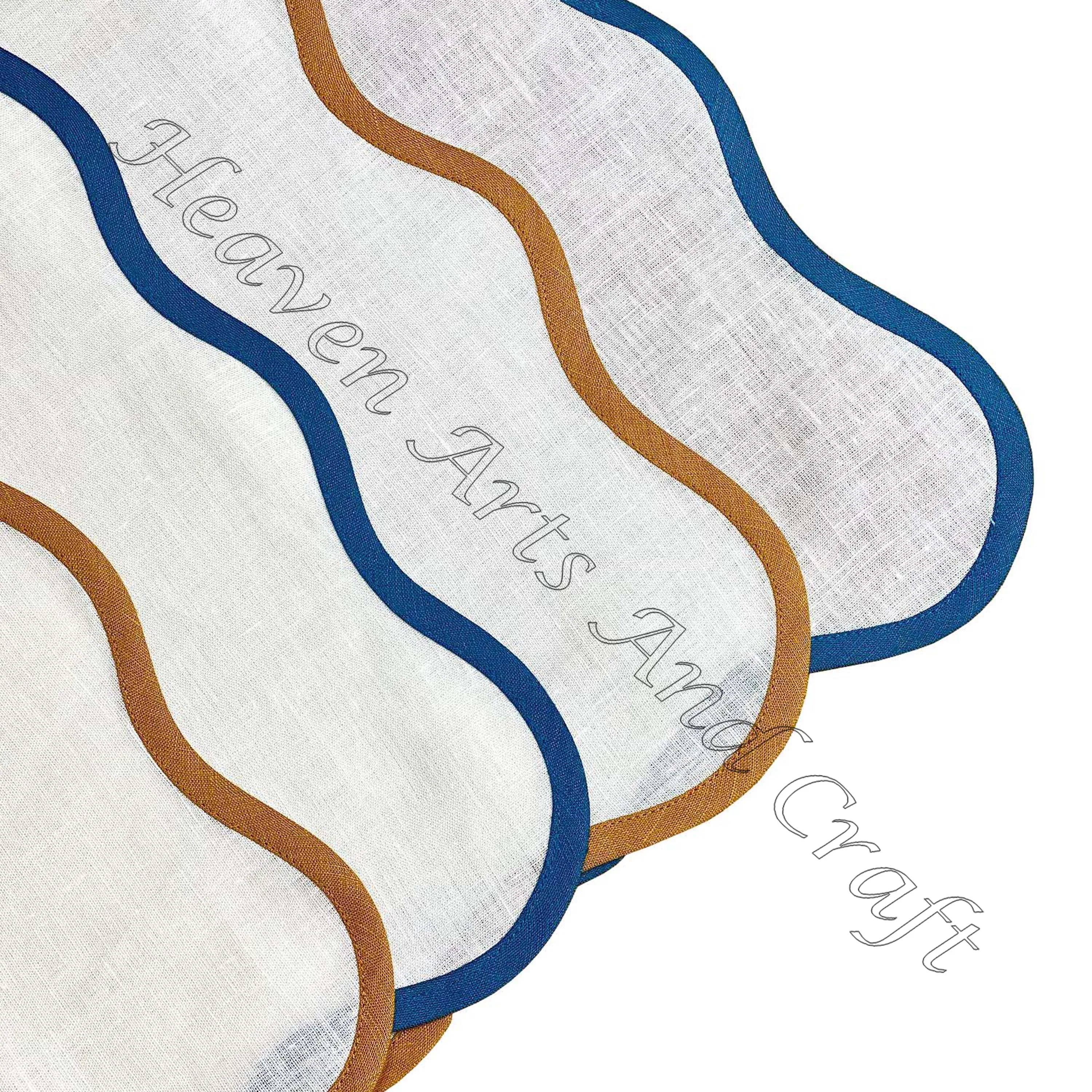 100% Linen Pure Cotton Indian Factory Dinner Hand Block Printed Scallop Napkin Dinnerware Sets  Hotel Restaurant Use Wholesale