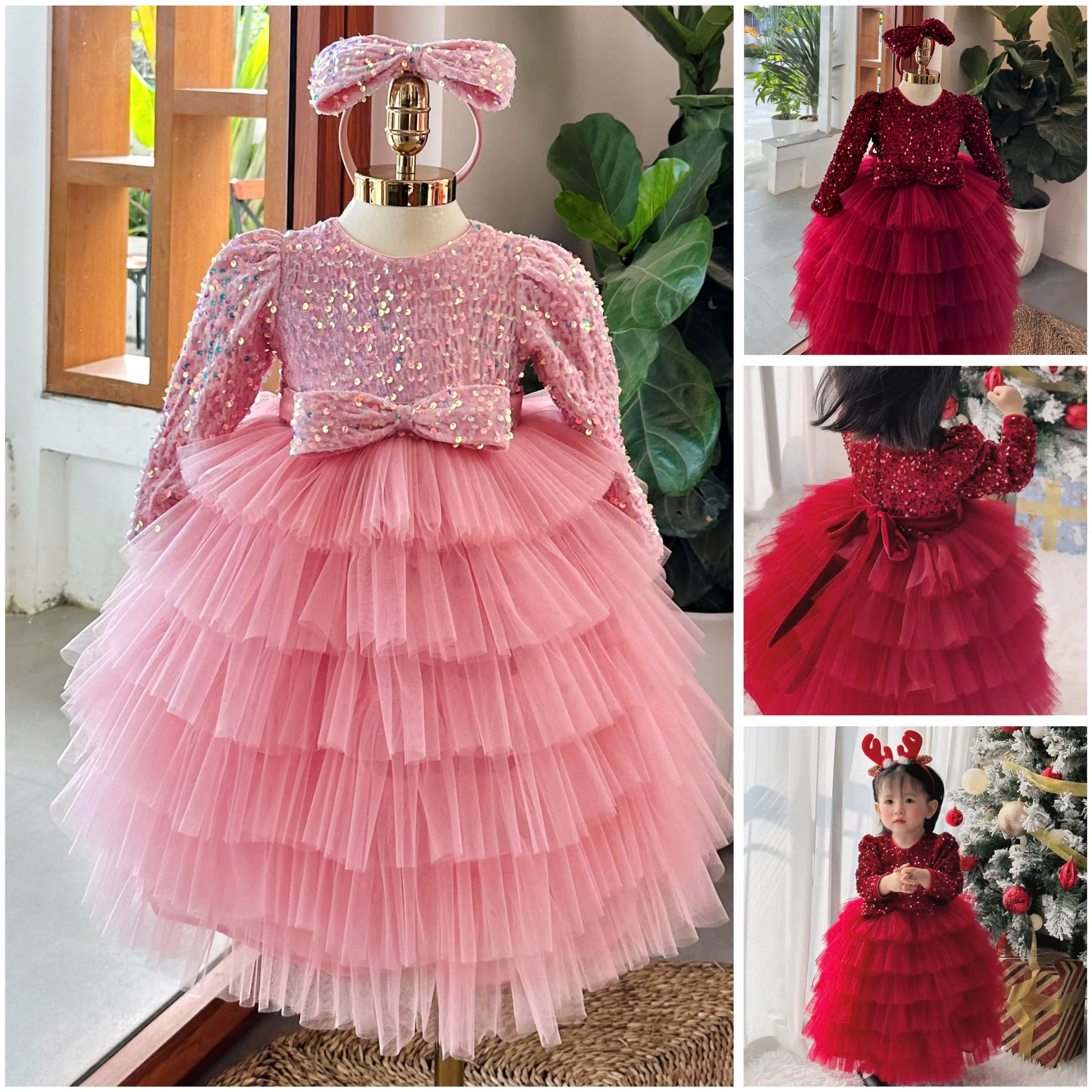 High Quality Velvet Embroidered Sequins Mesh Long-Sleeved Winter Dress for Girls Beautiful Chinese Style Size Viet Nam 12 Old