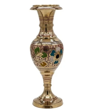 Hand Crafted Brass Flower Vase Brass Flower Pot for Office and Home Decor with Multicolor Design and Nakarshi. Size -27x14