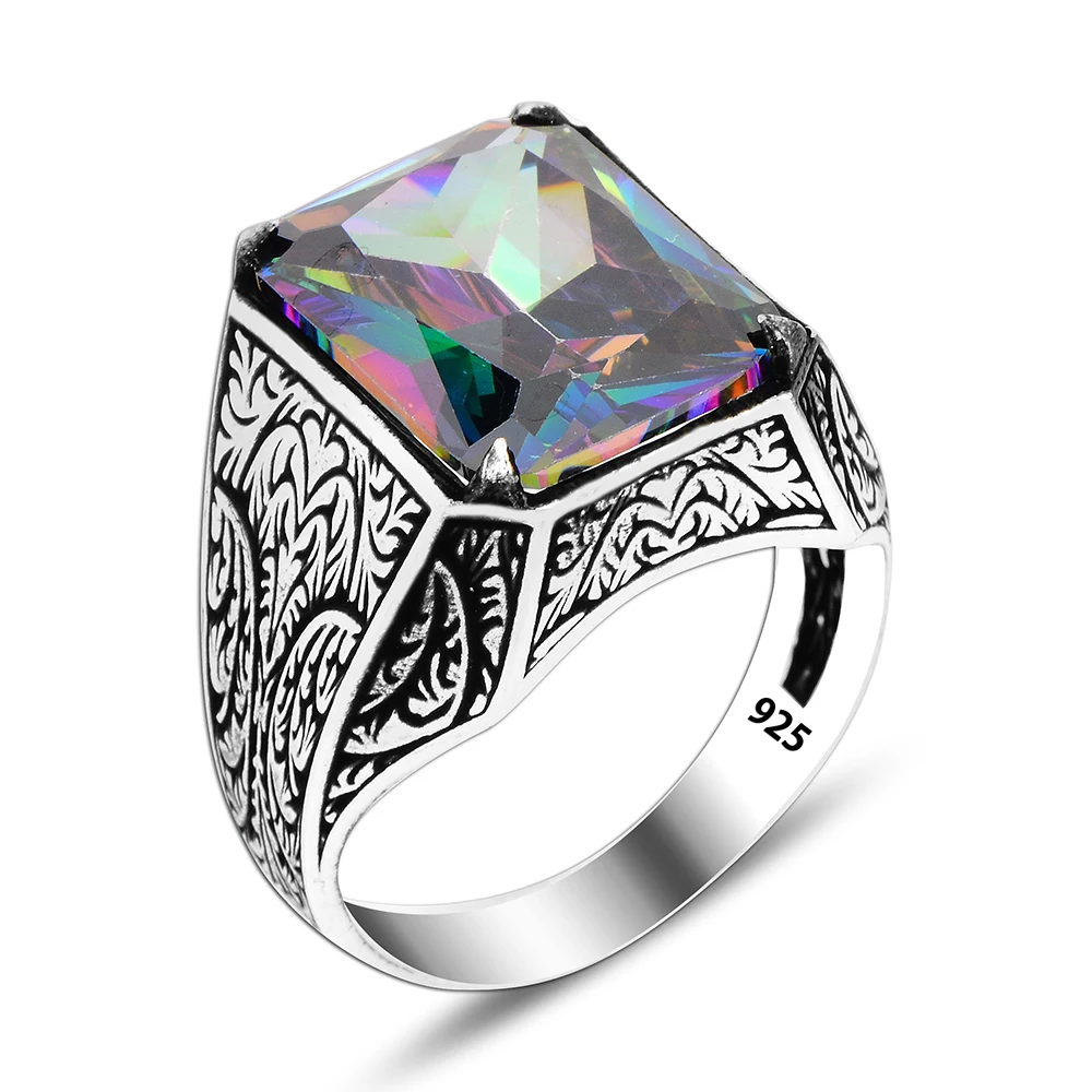 Mystic Topaz 925 Sterling Silver Men Ring Accessories Gift for Man Traditional Turkish Ring for Men Arabic Trendy Square Ring