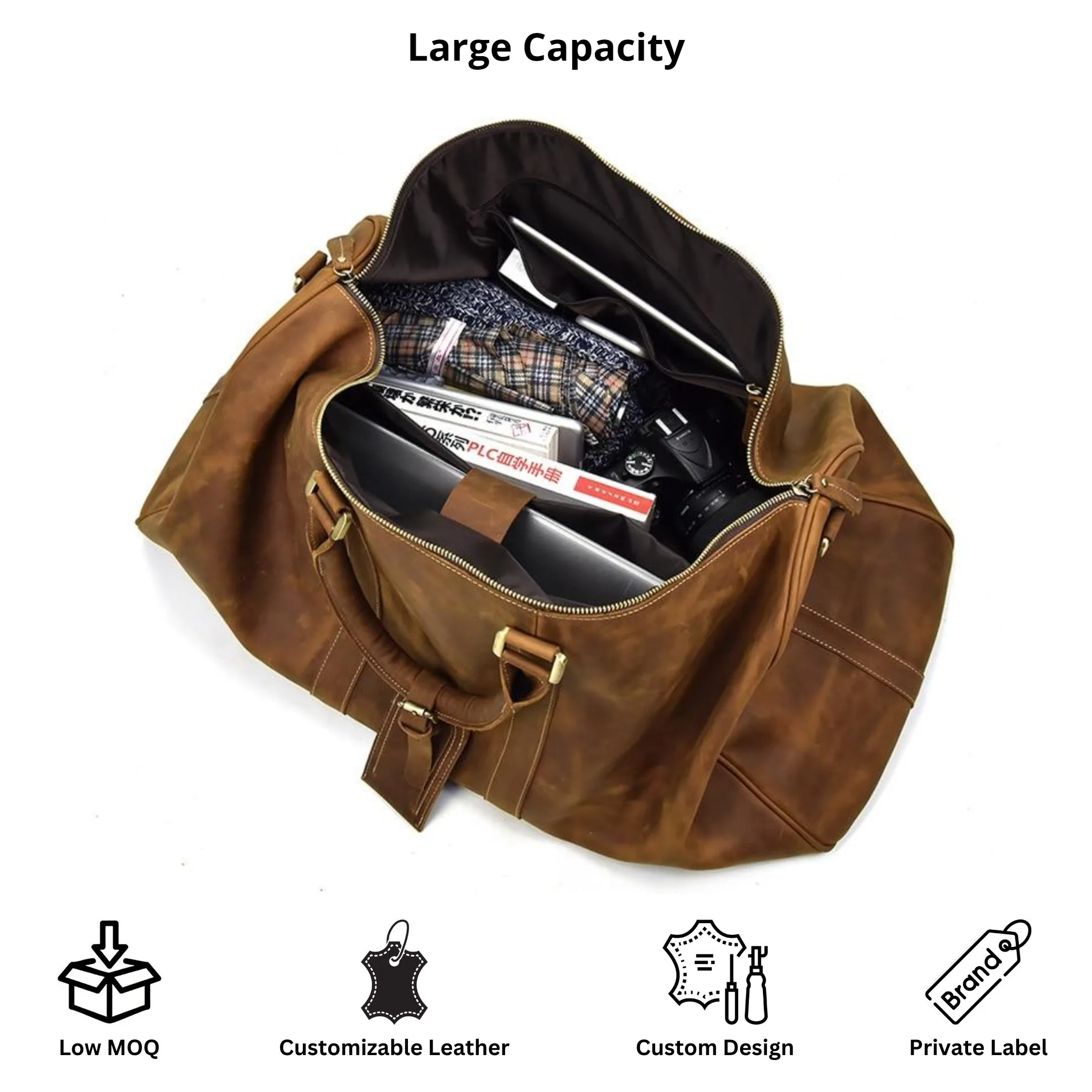 High-End Vintage Crazy Horse Genuine Leather Duffel Bag for Men Custom Logo Full Grain Leather for Travel and Gym